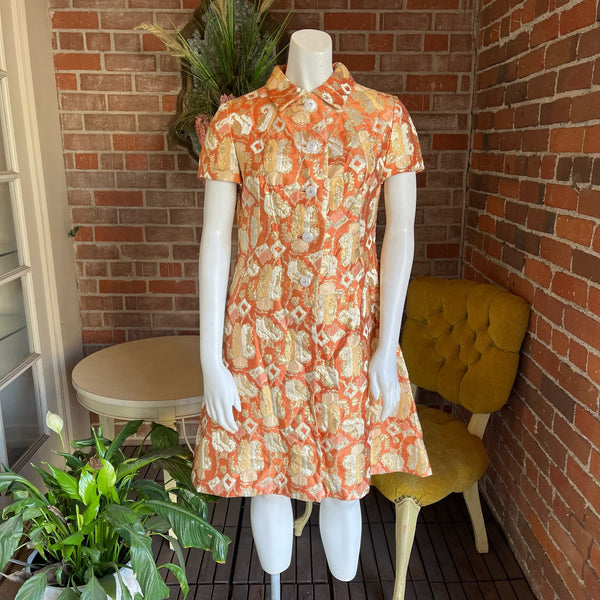 1960s Copper Brocade Lurex Dress