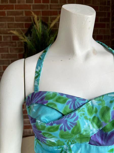 1950s Waltah Clarke Blue Hawaiian Dress