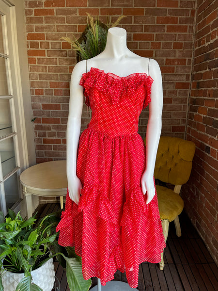 1980s Gunne Sax Ruffled Polka Dot Dress
