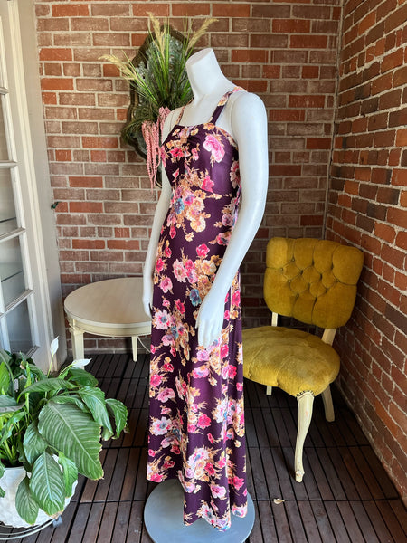 1970s does 1930s Eggplant Floral Maxi Dress