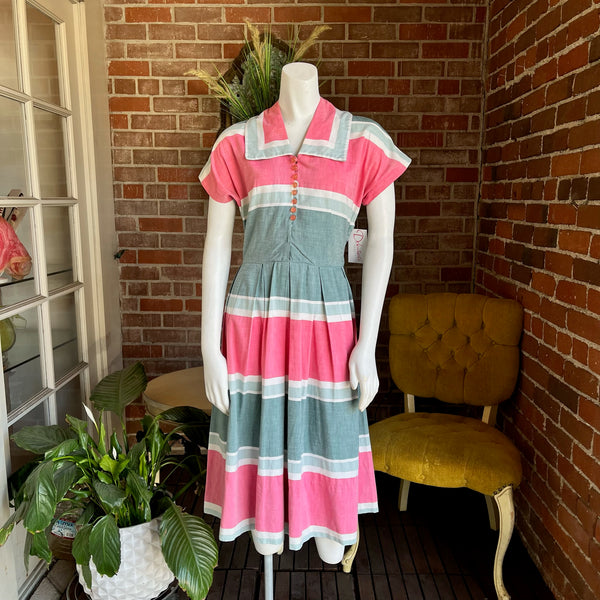 1950s Blue and Pink Striped Dress