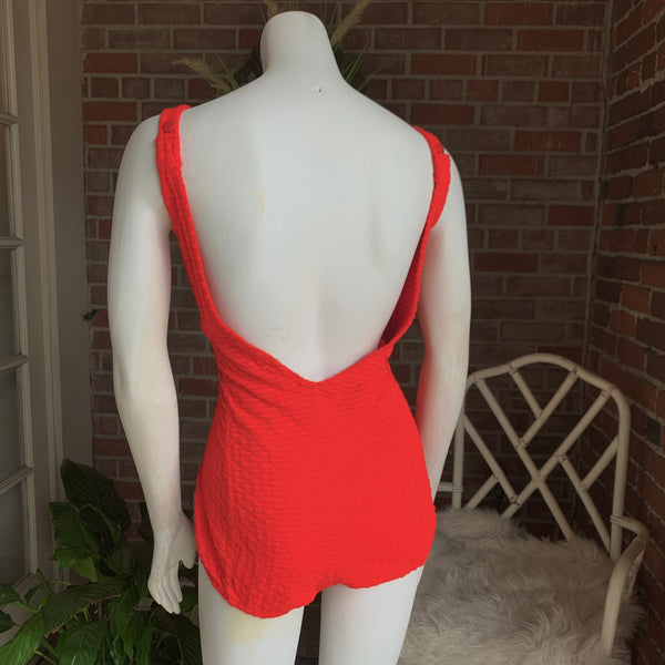 Early 1960s Knit Red and White Lucite Button Swimsuit