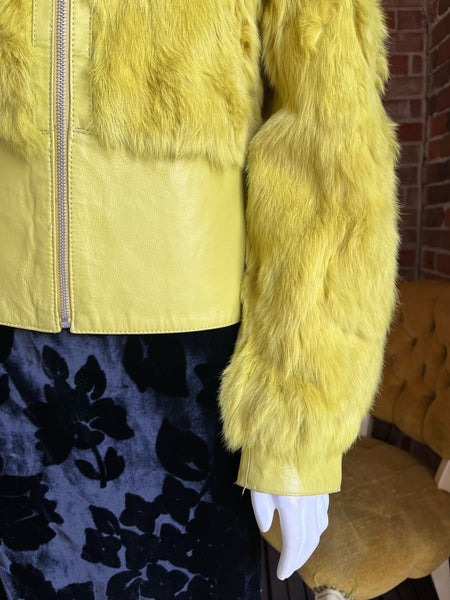 Y2K Chartreuse Rabbit and Leather Trim Fur Jacket