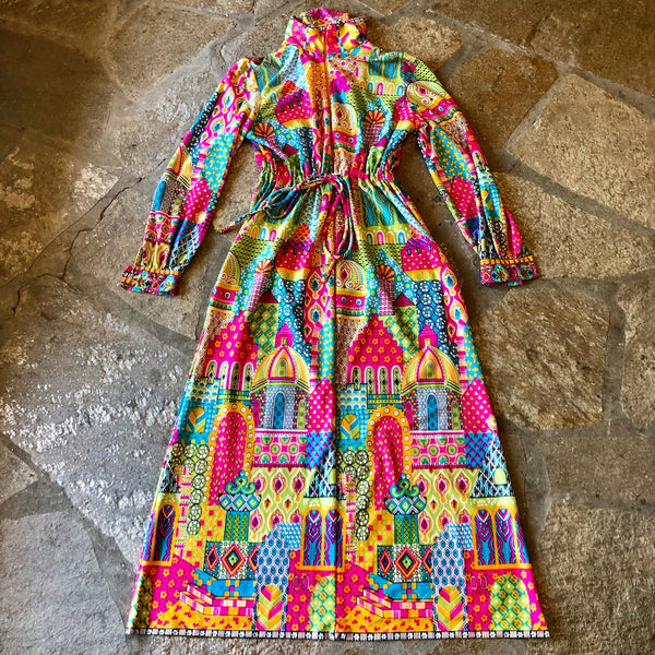 1970s Psychedelic Morocco Nylon Lounge Dress