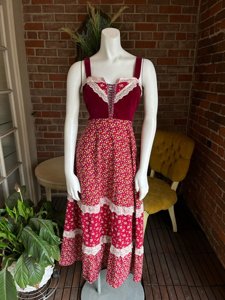 1970s Red Velvet and Floral Prairie Dress