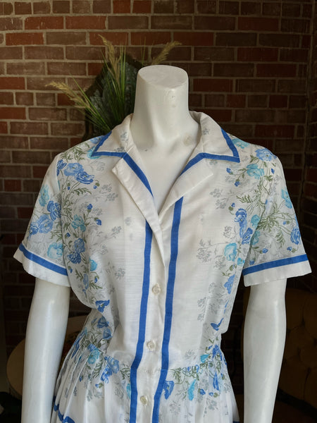 1950s Sheer Blue Roses Dress