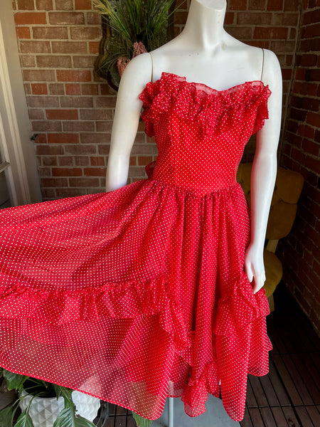 1980s Gunne Sax Ruffled Polka Dot Dress