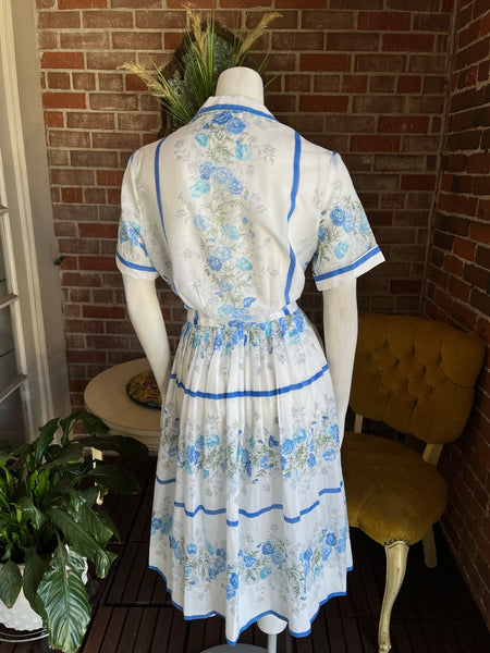 1950s Sheer Blue Roses Dress