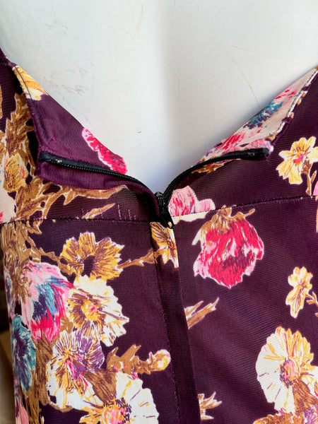 1970s does 1930s Eggplant Floral Maxi Dress