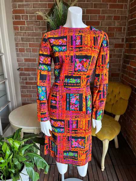 1960s Bark Cloth Neon Floral Dress