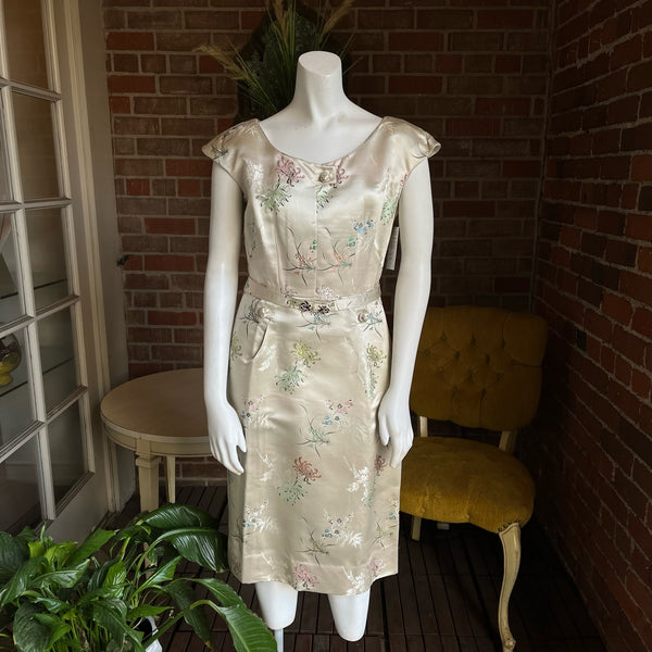 1950s Silk Satin Brocade Floral Dress