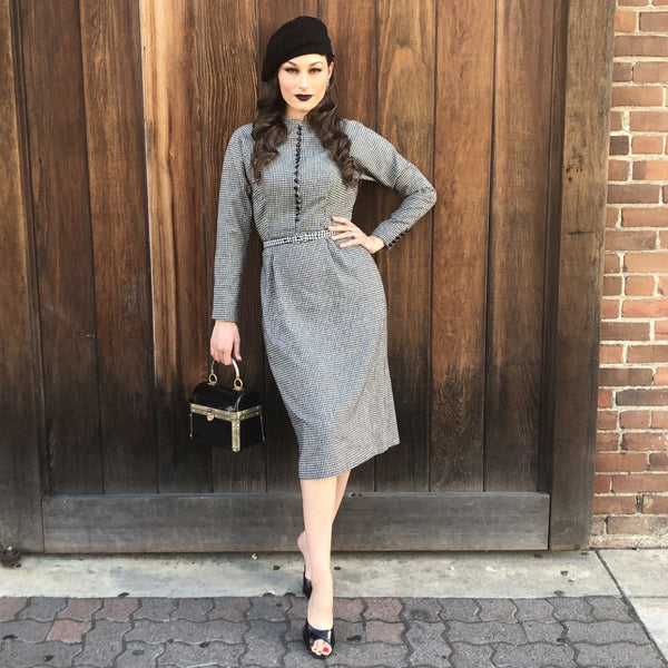1950s Dolman Sleeve Gingham Wool Dress