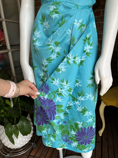 1950s Waltah Clarke Blue Hawaiian Dress