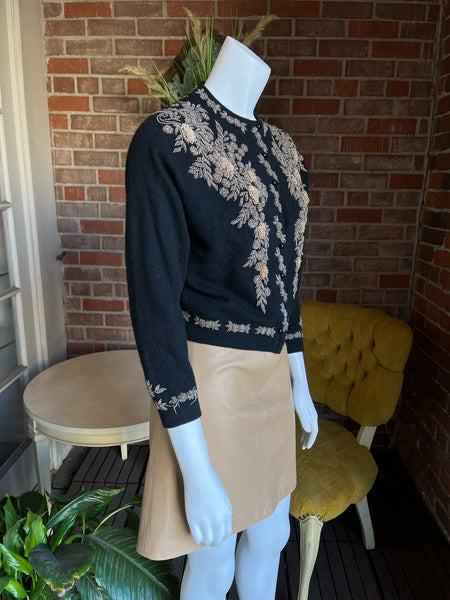 1950s Black Cashmere Gold Beaded Cardigan