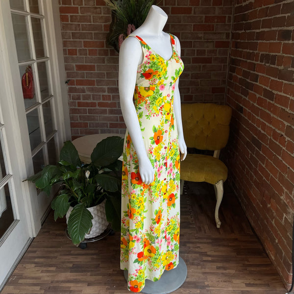 1970s Yellow Floral Maxi Dress