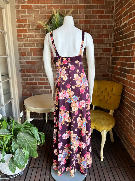 1970s does 1930s Eggplant Floral Maxi Dress