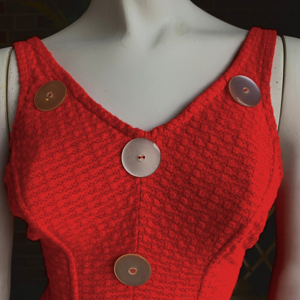 Early 1960s Knit Red and White Lucite Button Swimsuit
