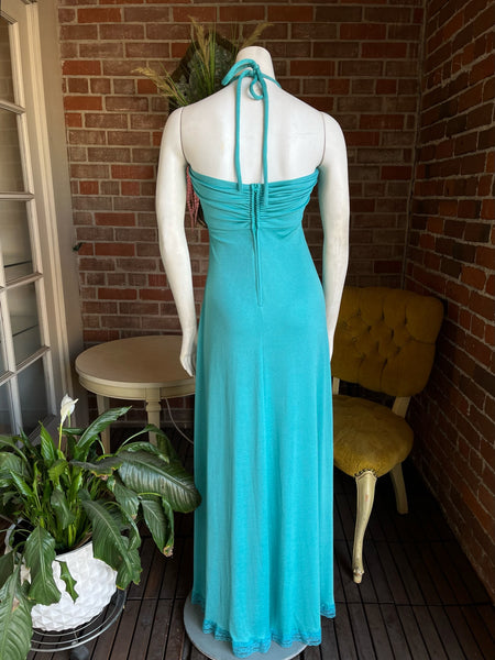 1970s Turquoise Halter Top Maxi Dress