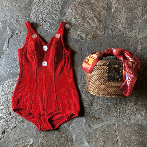 Early 1960s Knit Red and White Lucite Button Swimsuit