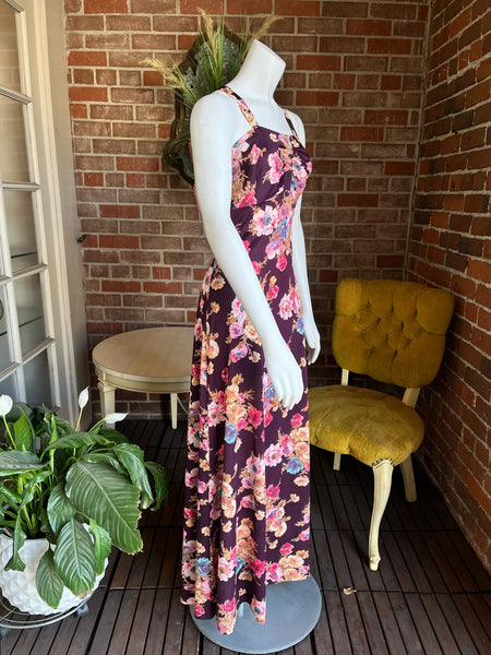 1970s does 1930s Eggplant Floral Maxi Dress