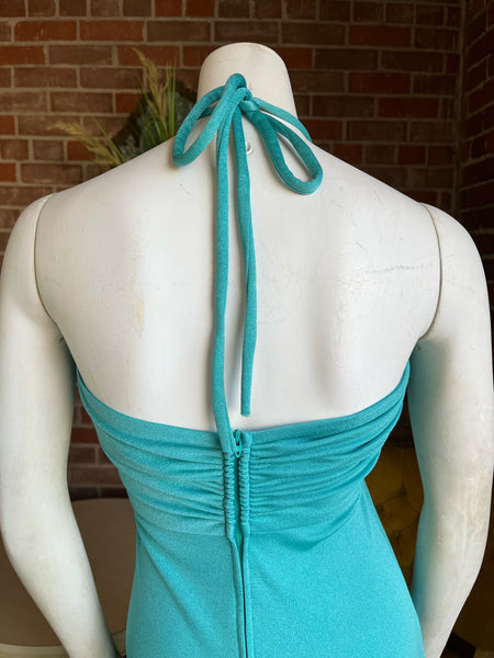 1970s Turquoise Halter Top Maxi Dress