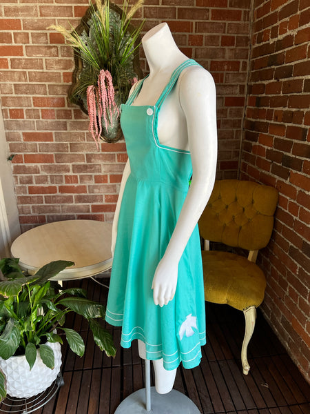 1970s Turquoise Bird Patch Pinafore