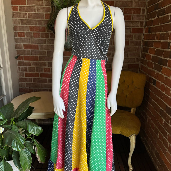 1970s Rainbow Polka Dot Maxi Halter Dress