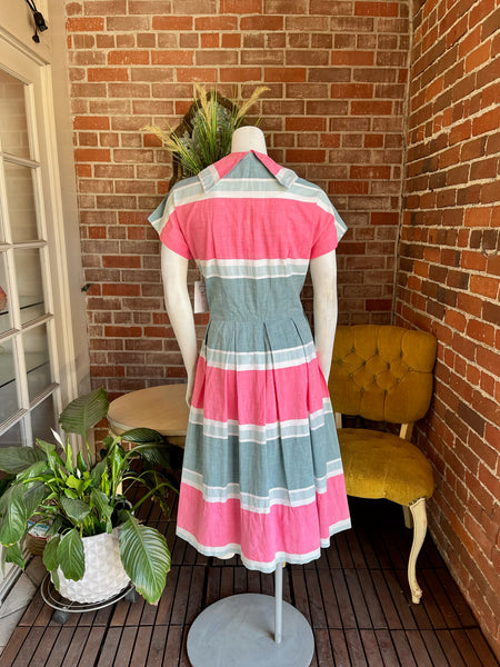 1950s Blue and Pink Striped Dress