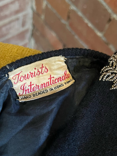 1950s Black Cashmere Gold Beaded Cardigan