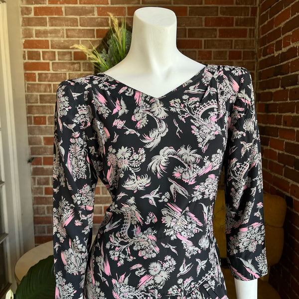 1940s Black and Pink Garden and Cranes Dress