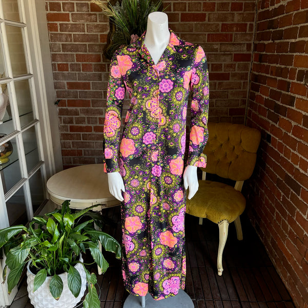 1960s Neon Jersey Maxi Dress Caftan