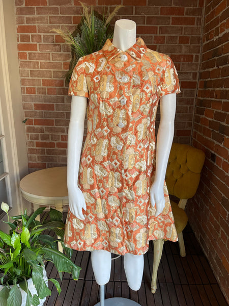 1960s Copper Brocade Lurex Dress