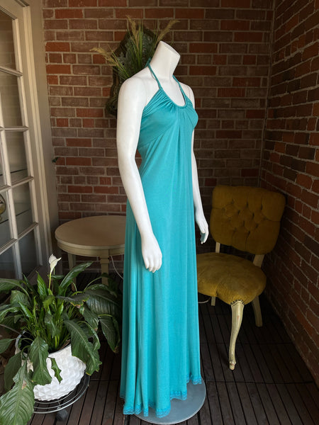 1970s Turquoise Halter Top Maxi Dress