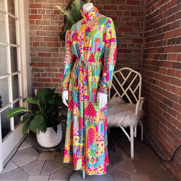 1970s Psychedelic Morocco Nylon Lounge Dress