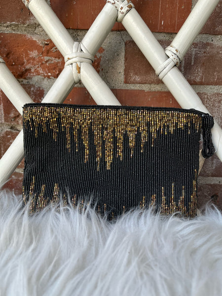 1980s Deadstock Black and Gold Beaded Clutch