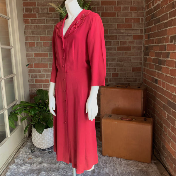 1940s Cranberry Red Rayon Crepe Dress