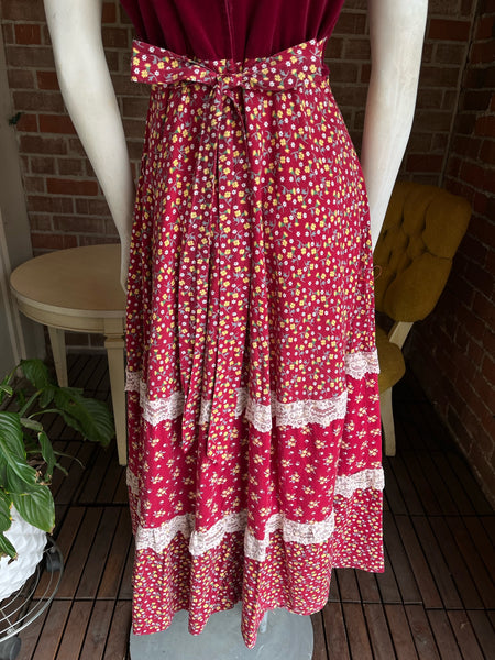 1970s Red Velvet and Floral Prairie Dress