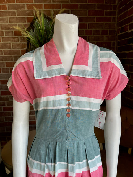 1950s Blue and Pink Striped Dress