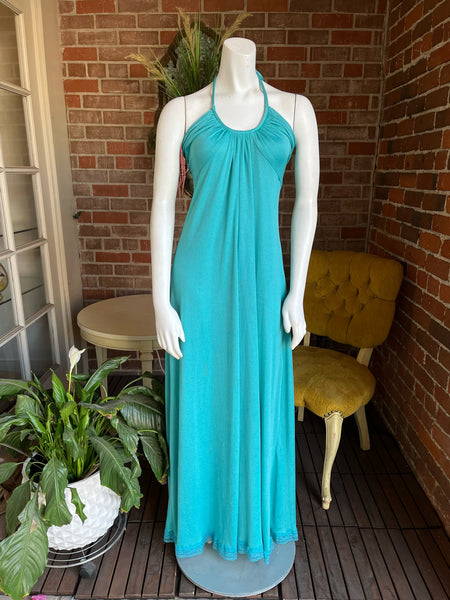 1970s Turquoise Halter Top Maxi Dress