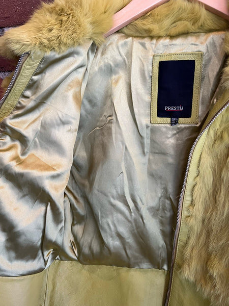 Y2K Chartreuse Rabbit and Leather Trim Fur Jacket
