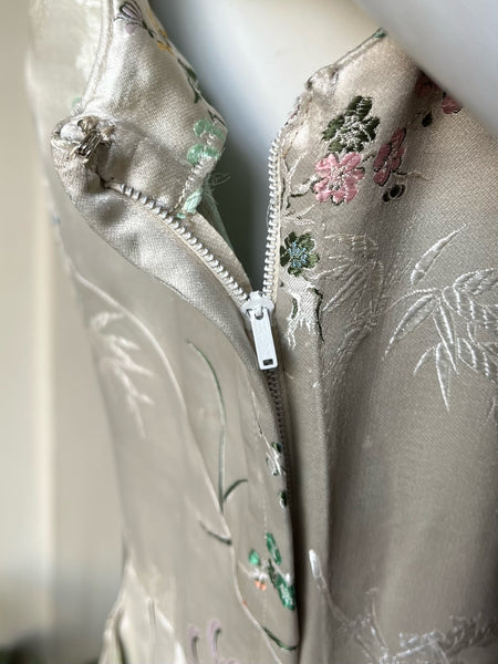 1950s Silk Satin Brocade Floral Dress