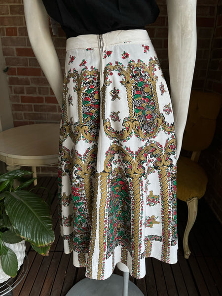 1950s Gold Painted Basket Novelty Print Skirt
