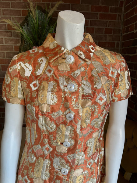 1960s Copper Brocade Lurex Dress