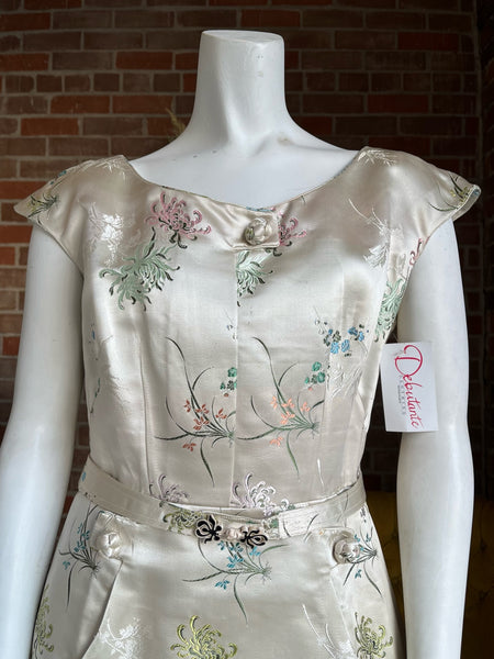 1950s Silk Satin Brocade Floral Dress