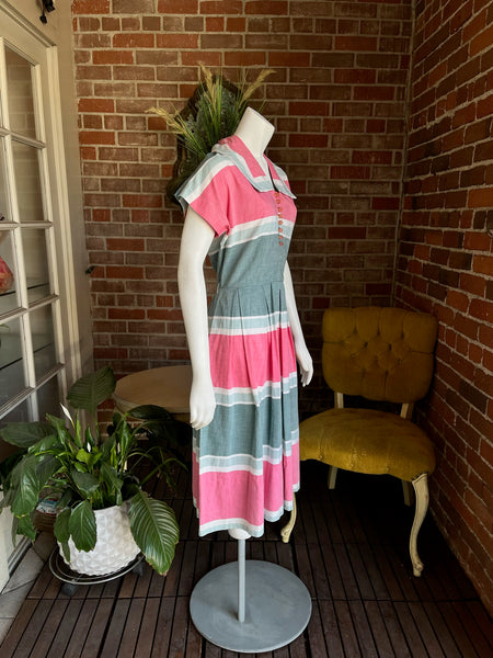 1950s Blue and Pink Striped Dress