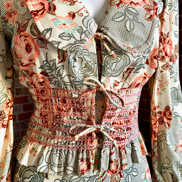 1970s Roses Nylon Maxi Dress & Jacket