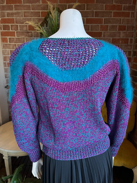 1980s Purple and Teal Knit Angora Striped Sweater