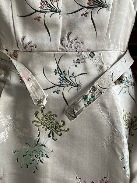 1950s Silk Satin Brocade Floral Dress