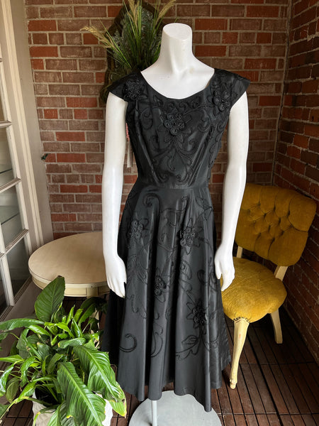 1950s Black Satin Soutache Dress