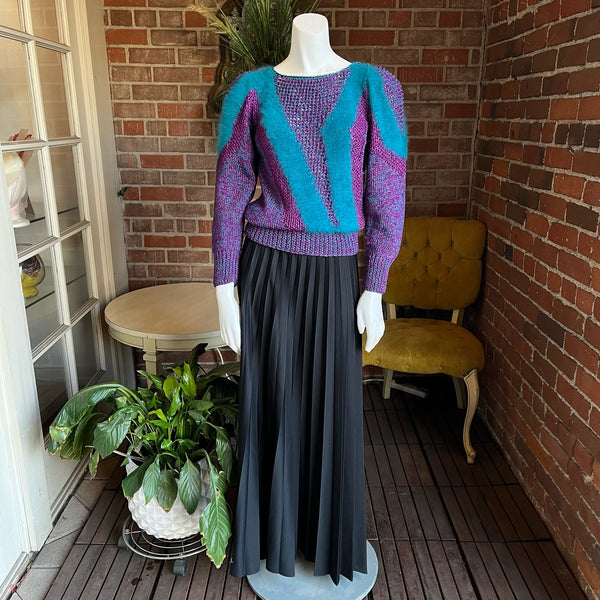 1980s Purple and Teal Knit Angora Striped Sweater